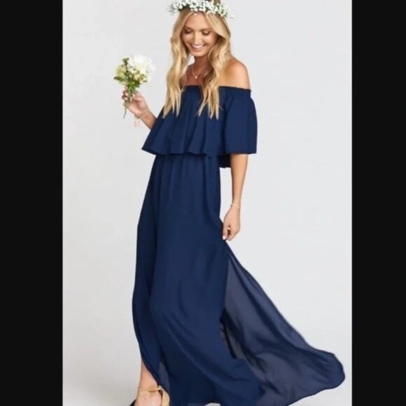 Show Me Your MuMu Hacienda Maxi Dress Size XXS Rich Navy Crisp Off Shoulder - Picture 1 of 9